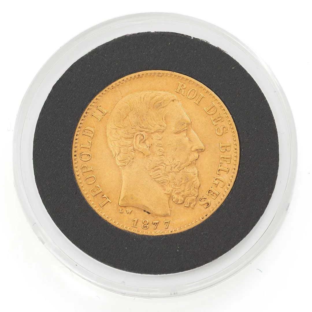 Gyldmynt, Belgien, Leopold II, 20 francs, 1877, — Militaria/Mynt — Bukowskis