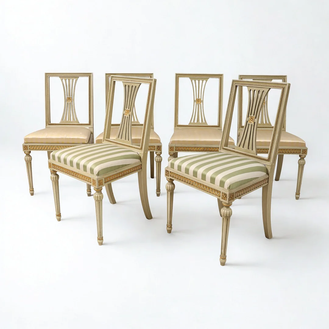 STOLAR, 6st, gustaviansk stil, 1900-tal, bemålade och bronserade, med skuren bandfläta, kragade kanelerade ben, genombruten ryggbricka. Lösstoppad sits. — Armchairs & Chairs — Falun Auktionsbyrå