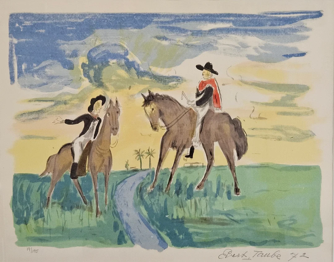 EVERT TAUBE. "MÖTE PÅ PAMPAS", serigrafi ur mappen "Minnen från Pampas", signerad Evert Taube, numrerad 19/195 och daterad -72. — Engravings & Prints — Auktionshuset Thörner & Ek