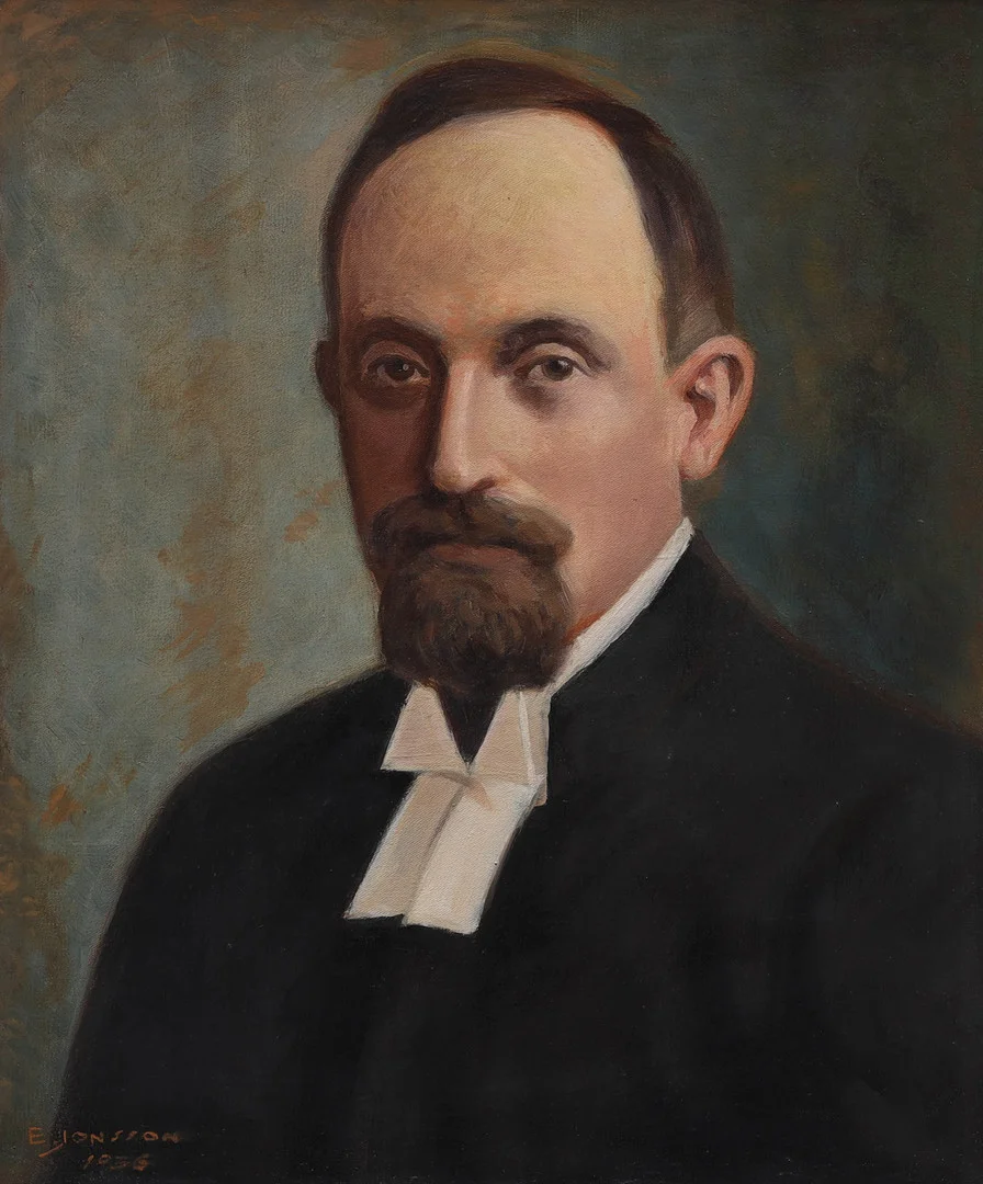 OIDENTIFIERAD KONSTNÄR. olja på duk, porträtt, signerad E. Jonsson. — Paintings — Auktionsmagasinet Vänersborg