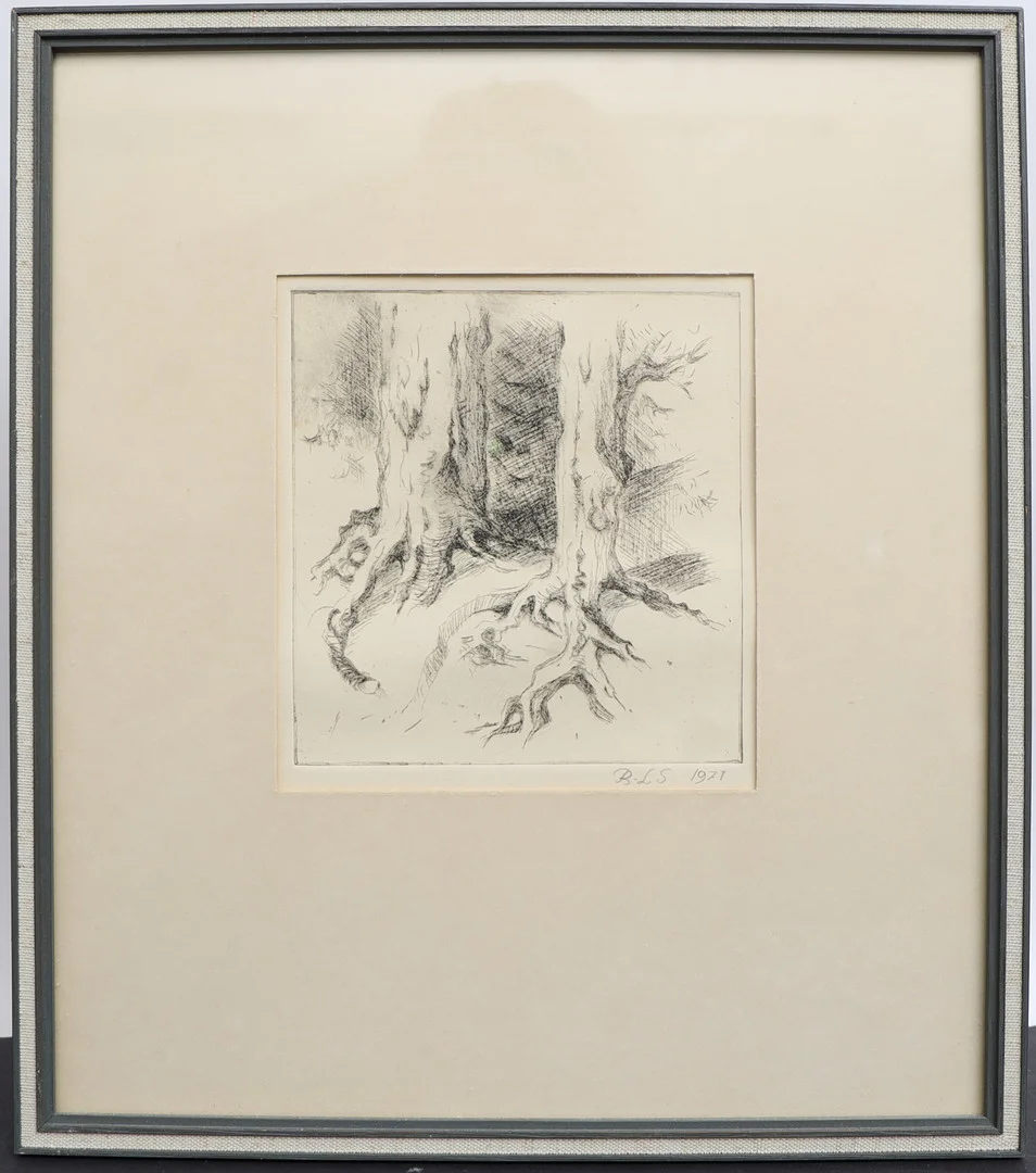OIDENTIFIERAD KONSTNÄR. Trädstammar, etsning, signerad BLS, daterad 1971. — Engravings & Prints — Falun Auktionsbyrå