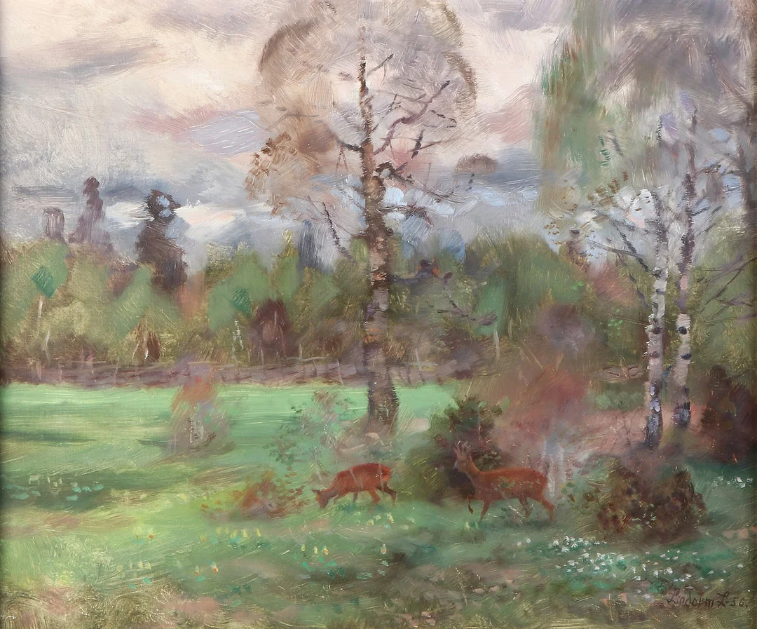 LINDORM LILJEFORS. Oljemålning på pannå. Rådjur i landskap. Signerad och daterad -56. — Paintings — Skånes Auktionsverk