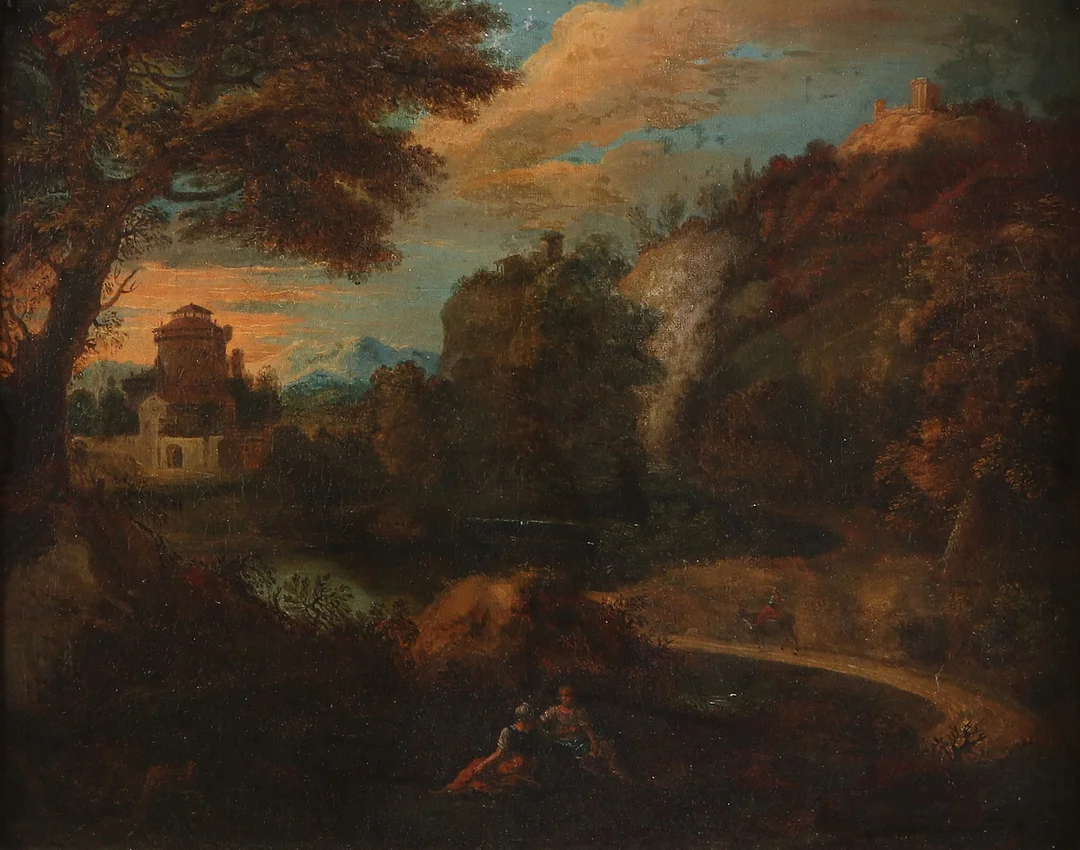 CARL JOHAN FAHLCRANTZ (1774-1861). TILLSKRIVEN. Oljemålning på dubblerad duk. Bär otydlig signatur. Vilande kvinnogestalter i pastoralt landskap. — Paintings — Skånes Auktionsverk