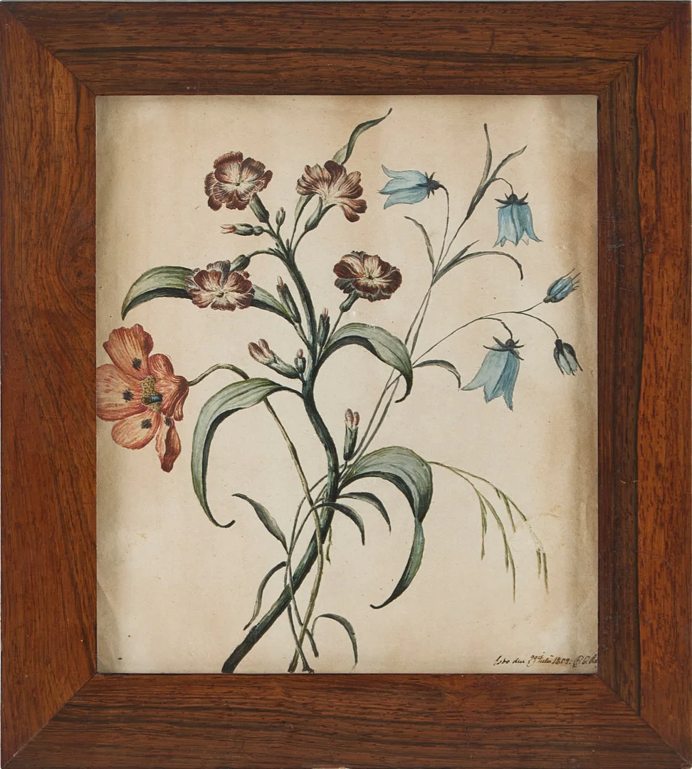 OIDENTIFIERAD KONSTNÄR. Blomsterstilleben, signerad och daterad 1802, akvarell på papper. — Paintings — Stockholms Auktionsverk Magasin 5