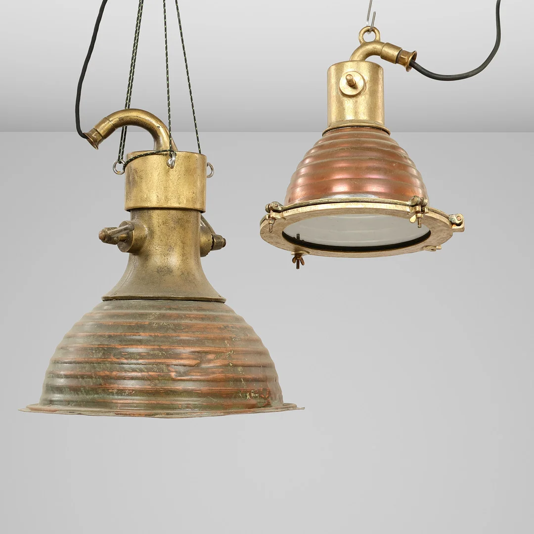 To skibslamper/'dækslamper' af kobber og messing, 1900-tallet, (2). — Ceiling lights — Palsgaard Kunstauktioner