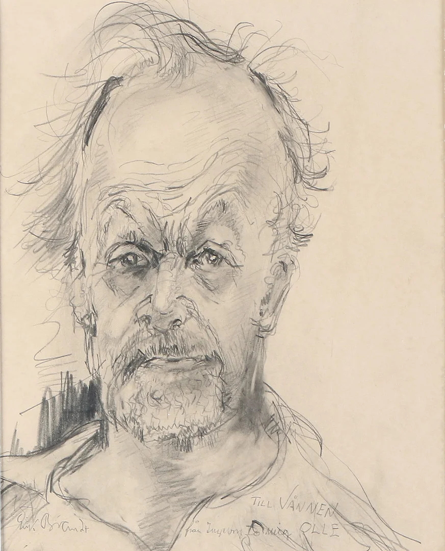 ERIK BRANDT. Teckning. Självporträtt. Signerad och dedikerad. — Drawings — Skånes Auktionsverk