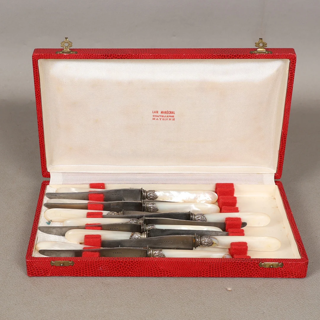 A SET OF TWELVE FRENCH MOTHER OF PEARL AND STEEL KNIVES, TOGETHER WITH A CARVING SET (2). — Silver plated — Bishop & Miller