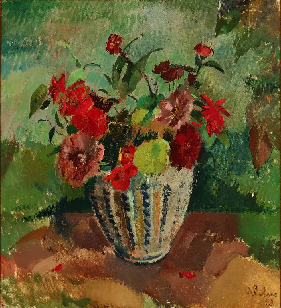 ODA PETERS (1894-1987). Motiv med blomsterbuket i vase, signeret og dateret 1943. — Paintings — Palsgaard Kunstauktioner