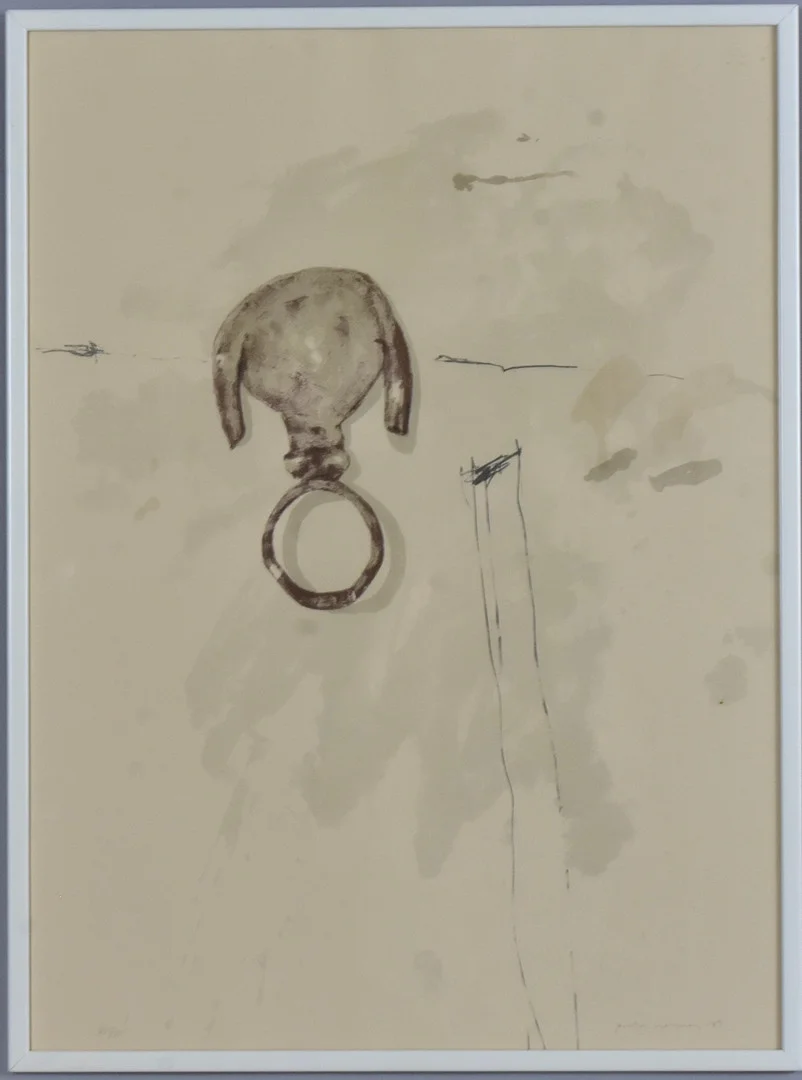 LENNART ASCHENBRENNER. färglito, komposition med dörrkläpp. — Engravings & Prints — Halmstads Auktionskammare