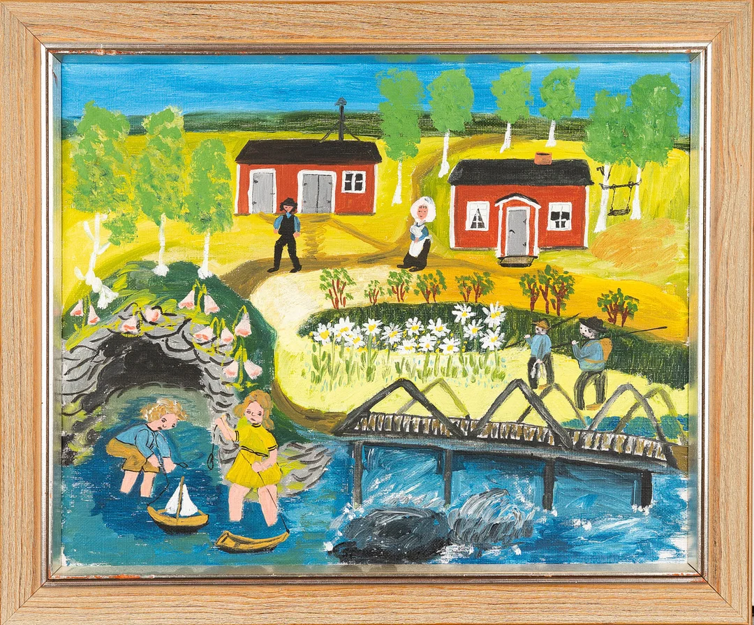 LINNEA JONSSON. Olja på duk, "Barn från laxbacken Robertsfors", Signerad. — Paintings — Norrlands Auktionsverk