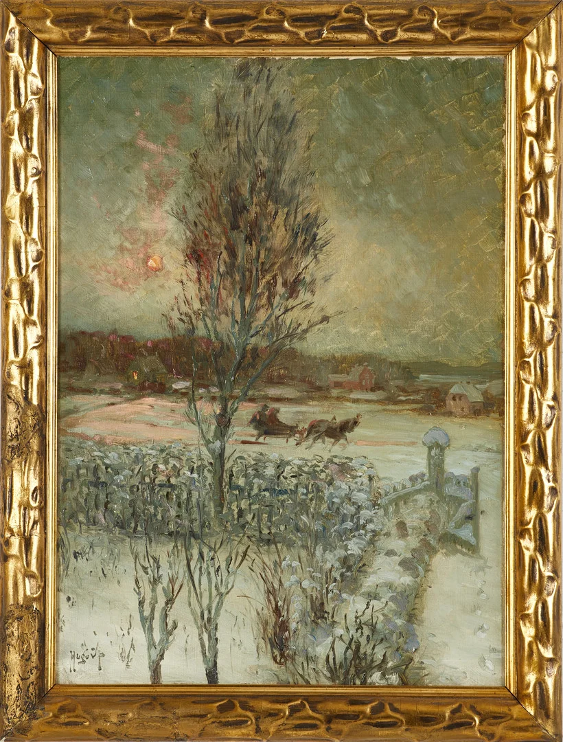 HUGO VILFRED PEDERSEN. (DANMARK, 1870-1959). Vintermotiv i skymning med hästsläde, Signerad Hugo v p, olja på duk. — Paintings — Crafoord Auktioner Stockholm