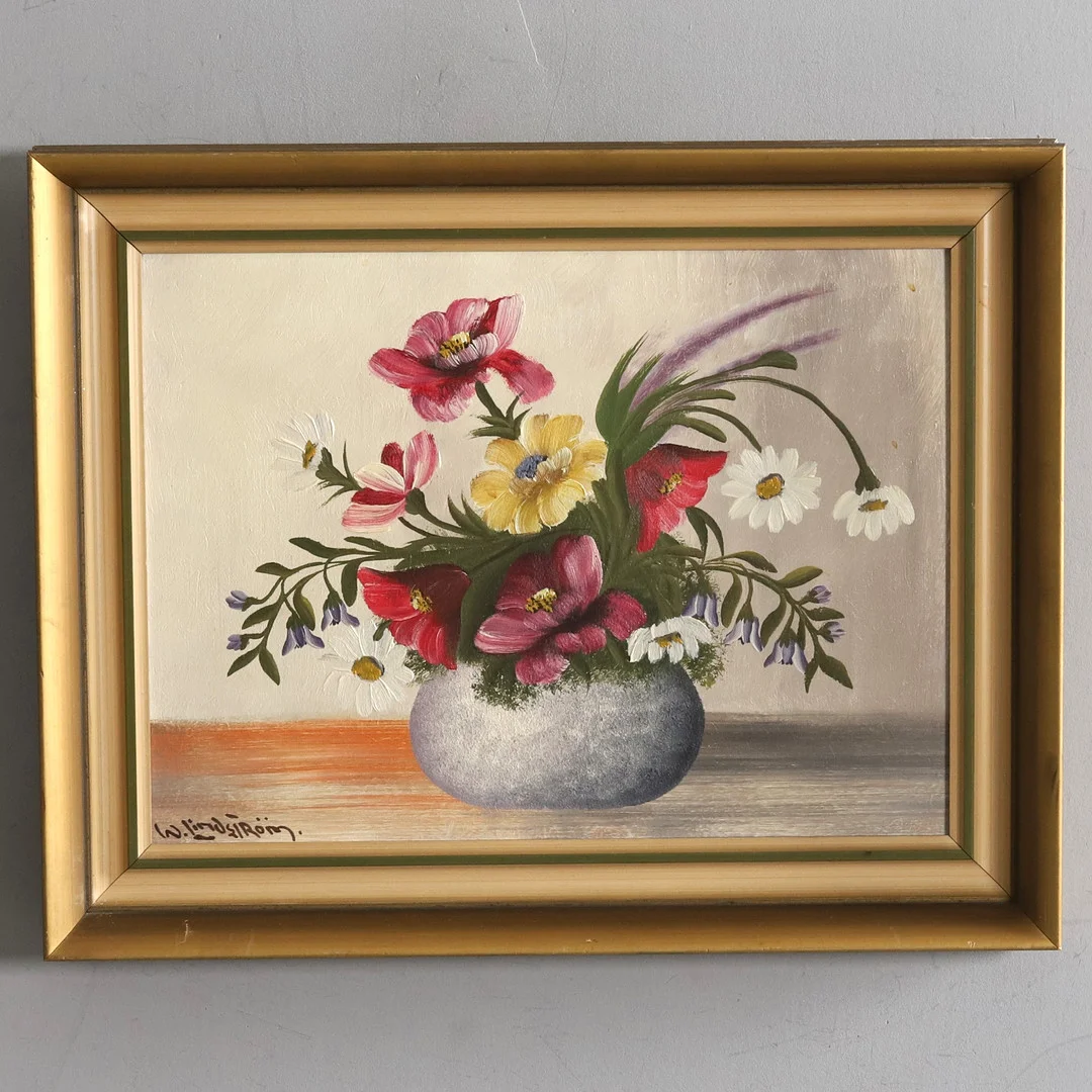 OIDENTIFIERAD KONSTNÄR. Olja på pannå, stilleben, signerad. — Paintings — Örebro Stadsauktioner