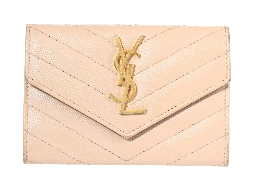 PLÅNBOK, SANIT LAURENT, beige quiltat läder, guldfärgade beslag, Logo YSL, 9x13 cm, kort, mynt, sedel, dustbag, ask, bruksslitage. — Accessoarer/Plånböcker — Kaplans