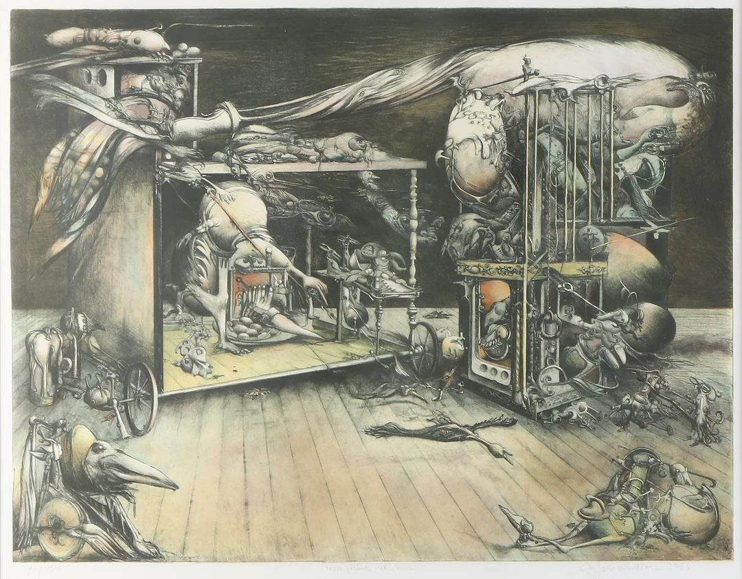 SVEN-ERIK JOHANSSON. Litografi, 94/150. Komposition. Signerad och med tack från konstnären. — Engravings & Prints — Skånes Auktionsverk