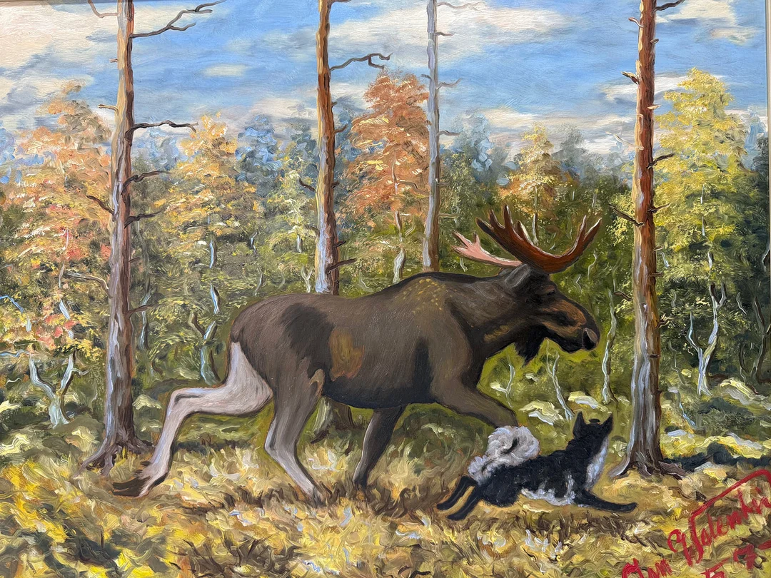 JAN WALENTIN. OLJA PÅ DUK, Älg och hund, signerad och daterad 57. — Paintings — TOKA Auktionshus