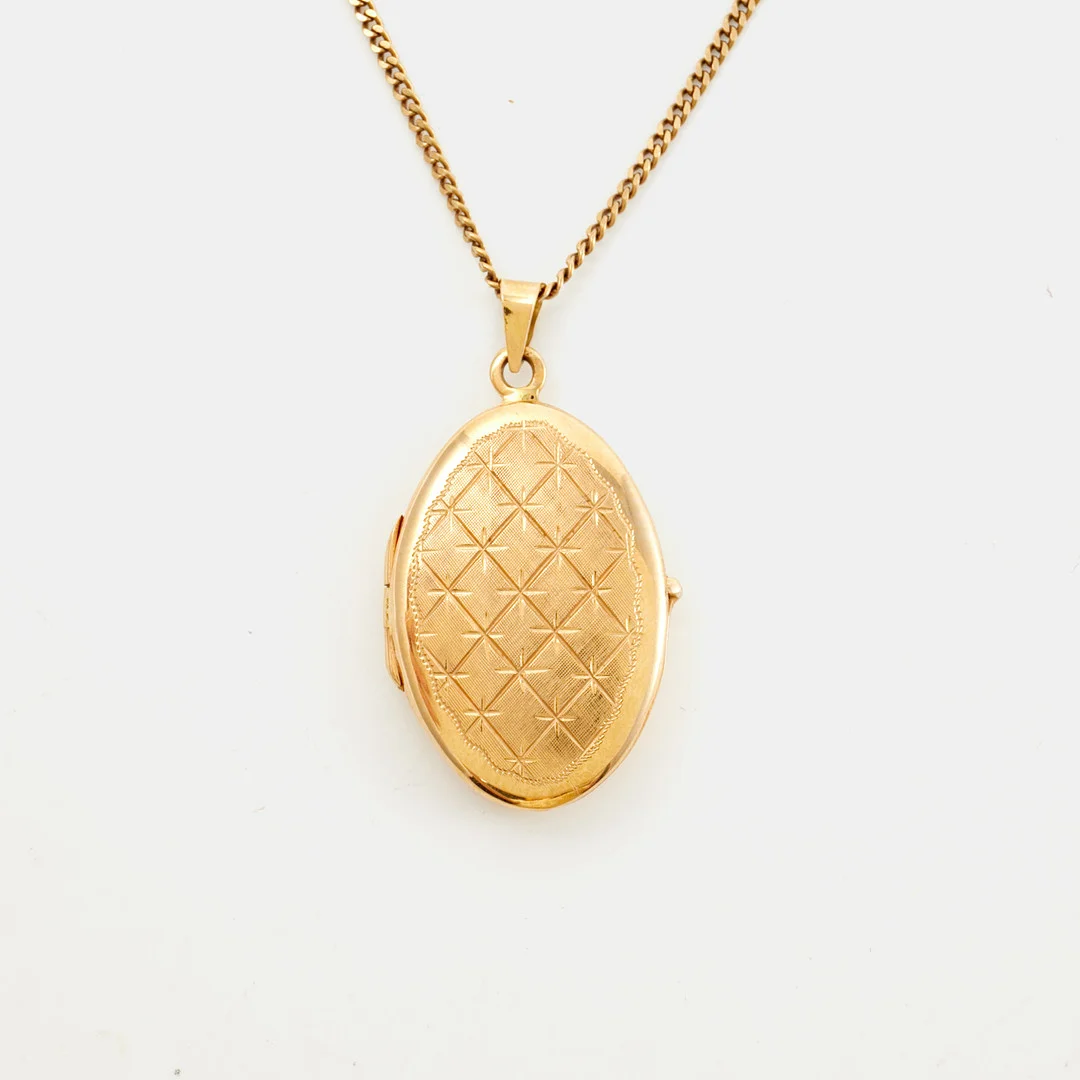 HALSBAND med HÄNGE, 18 k guld, pansarlänk, behängd med medaljong med fotogömma, graverad dekor, italienska stämplar samt svenska importstämplar. — Necklace — Stockholms Auktionsverk Sickla