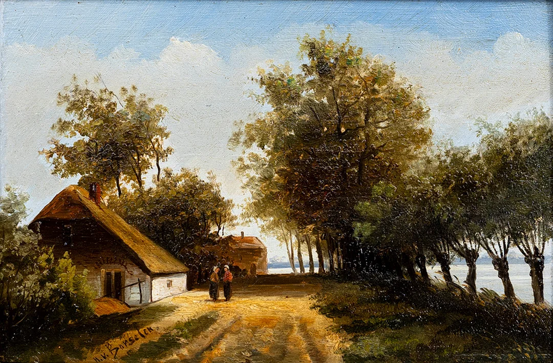 JAN WILLEM VAN BORSELEN (1825-1892). Bygata med hus, olja på pannå, signerad, Wv Borselen. — Paintings — Auktionshuset Kolonn