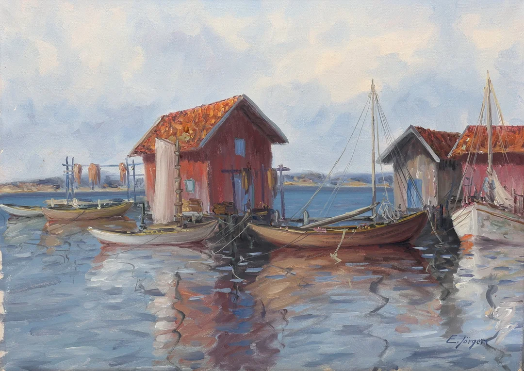 OIDENTIFIERAD KONSTNÄR, olja på duk, signerad E. Jörgen, fiskeläger. — Paintings — Gomér & Andersson Jönköping