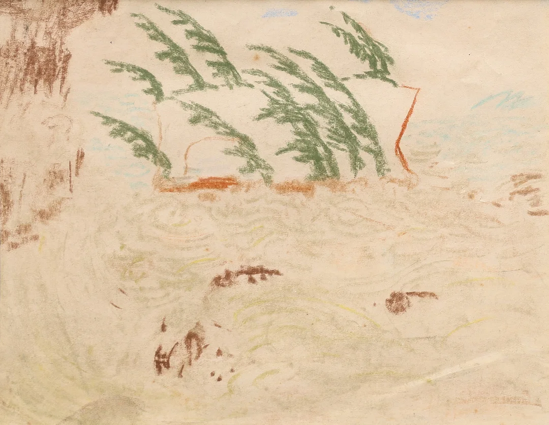 CARL FREDRIK HILL. KRITA PÅ PAPPER, GRANAR PÅ HAVSOMGÄRDAD KLIPPA I BLÅST, OTYDLIGT SIGNERAD. — Drawings — Crafoord Auktioner Lund