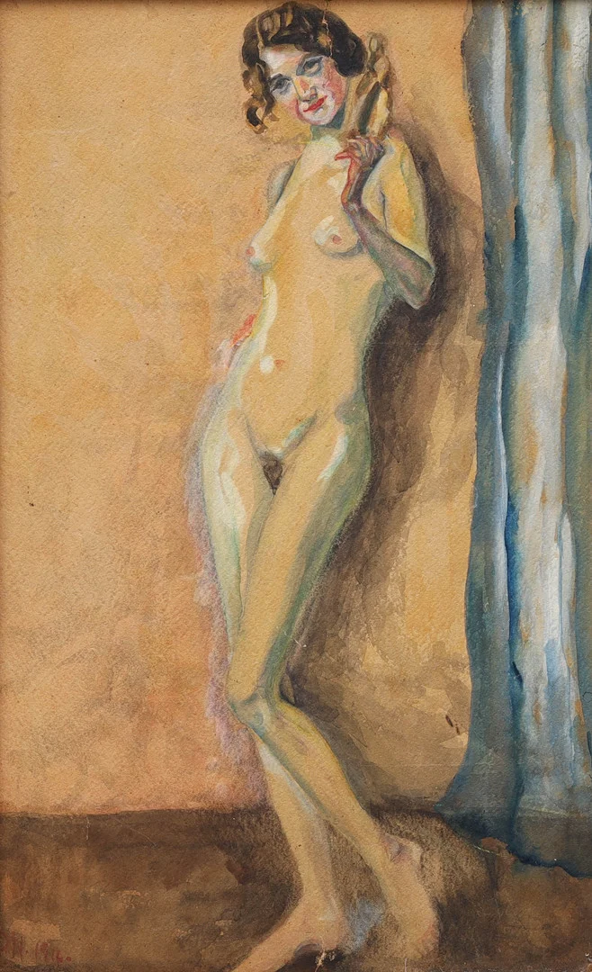 OIDENTIFIERAD KONSTNÄR. akvarell på kartong, poserande kvinna, monogramsignerad D.N, daterad 1916. — Paintings — Auktionsmagasinet Vänersborg