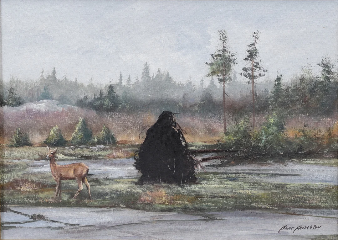 ARNE ANDERSON. Rådjur vid rotvälta. Olja på duk, signerad. — Paintings — Växjö Auktionskammare
