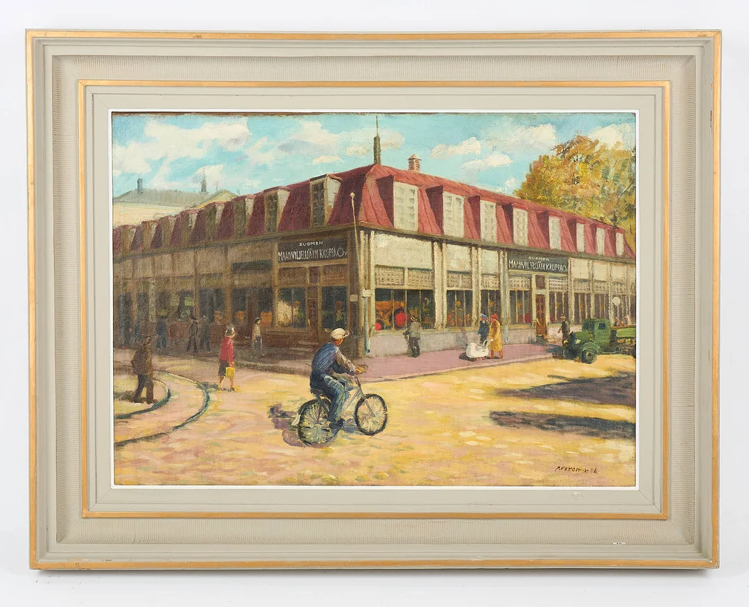 PENTTI VEROMA (1903-1979). Butiken Suomen maanviljelijän kauppa Oy, signerad samt daterad -48, olja på duk. — Paintings — Stockholms Auktionsverk Helsinki