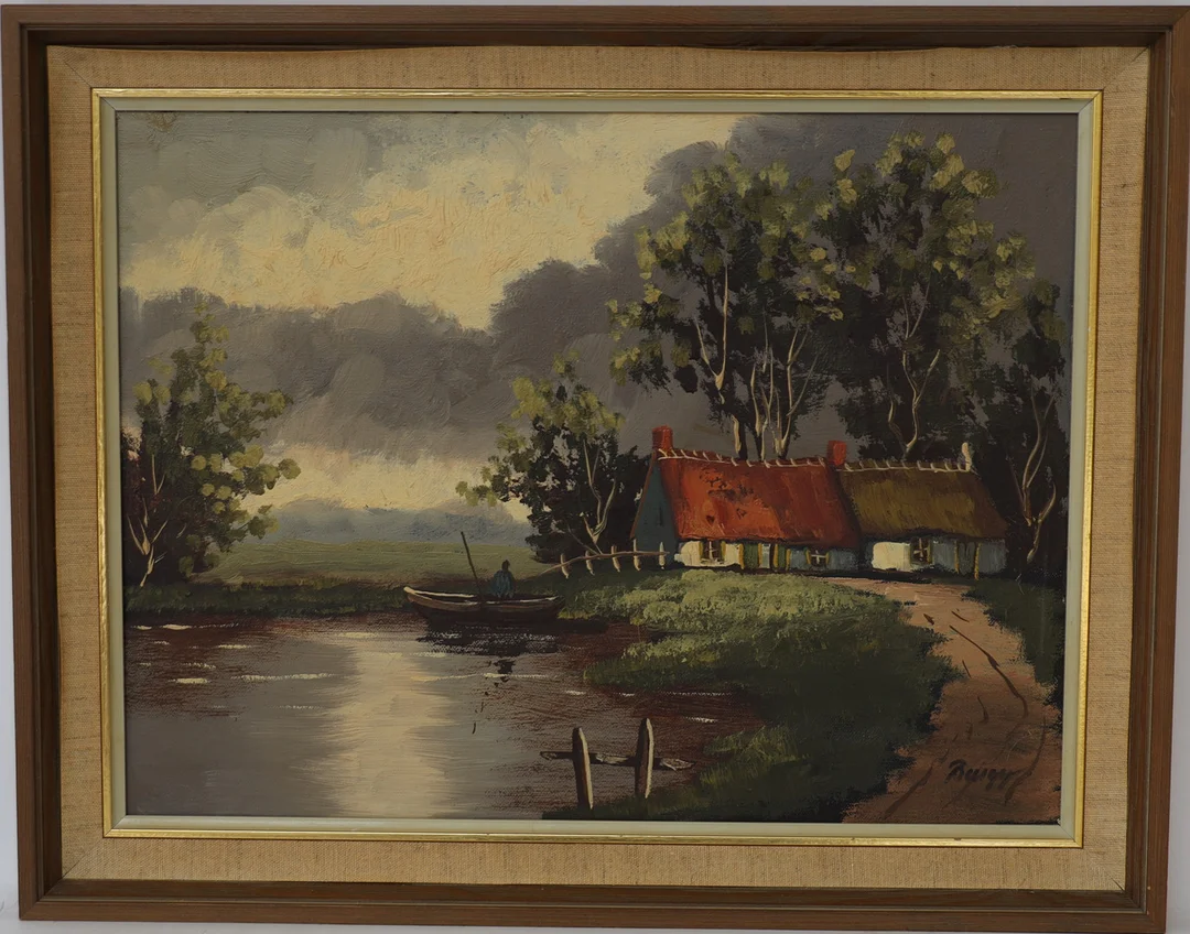 JAN BURGY. Landskap med stuga och vattendrag, signerad. — Paintings — Falun Auktionsbyrå
