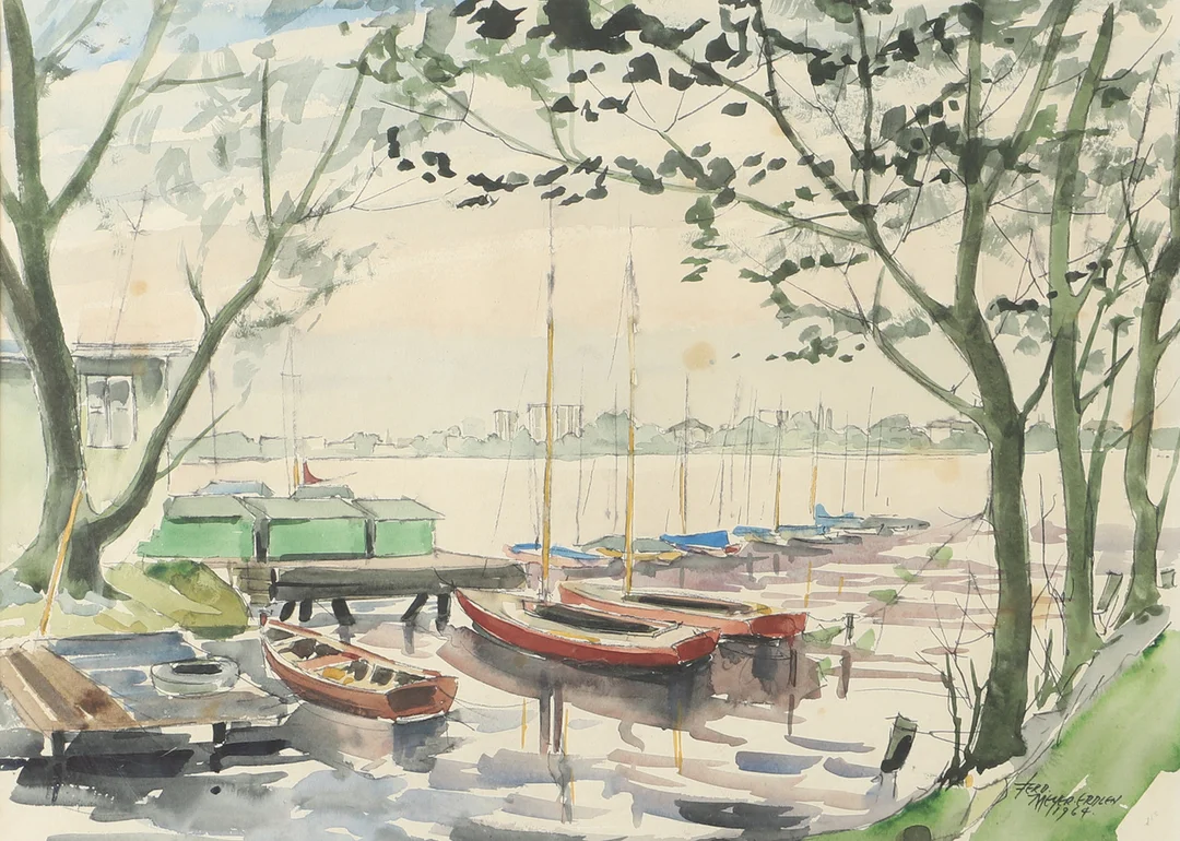 OIDENTIFIERAD KONSTNÄR. Småbåtshamn, akvarell, signerad 1964. — Paintings — Helsingborgs Auktionskammare