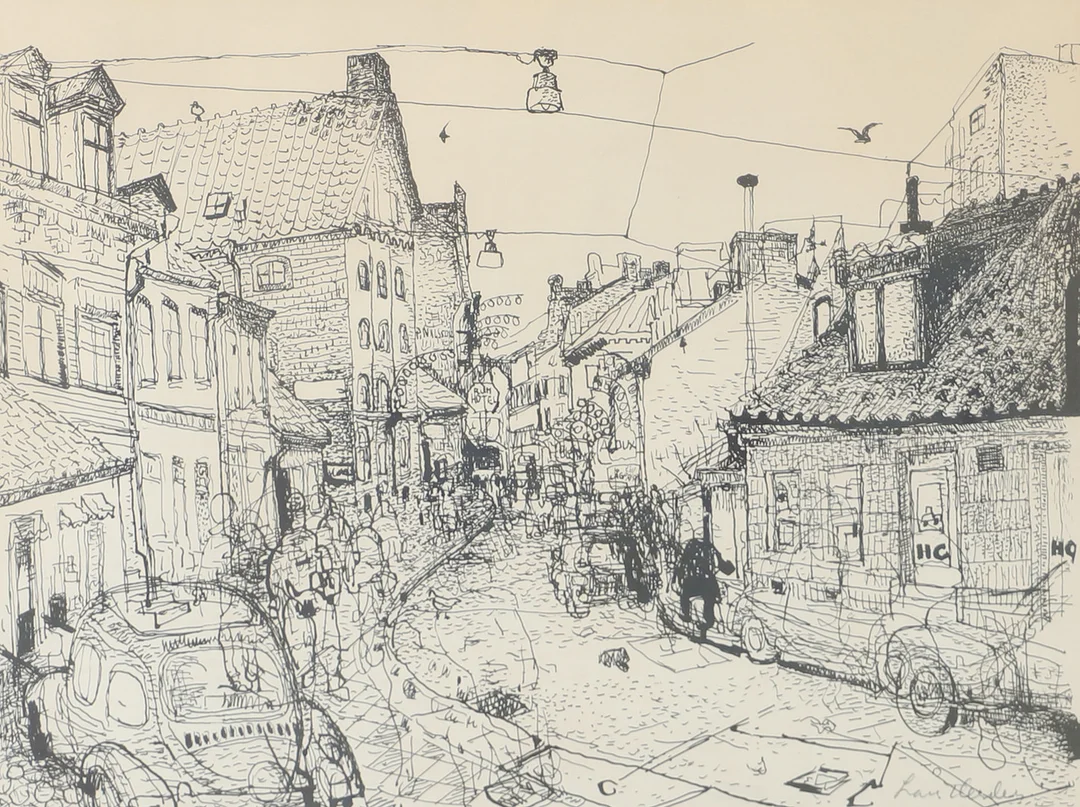LARS HERDER. Stradsvy, Helsingborg, Kullagatan, litografi, signerad Lars herder. — Paintings — Helsingborgs Auktionskammare