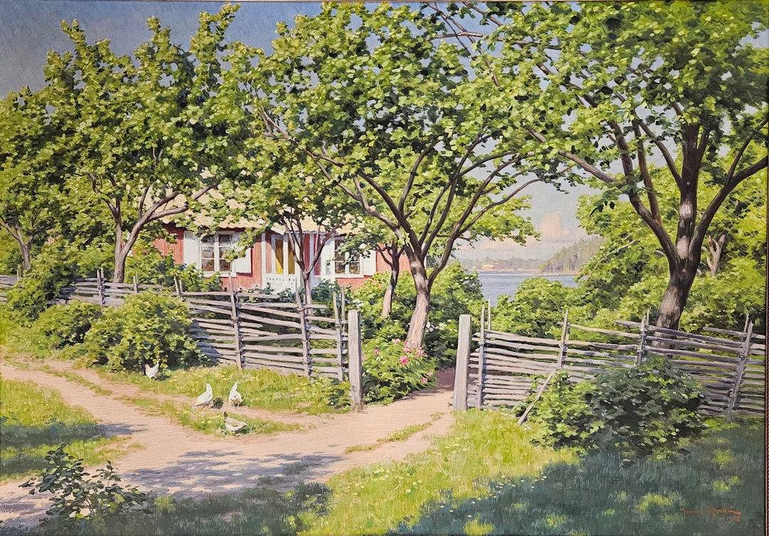 JOHAN KROUTHÉN. Landskap med höns, hus och sjö. Olja på duk, signerad Johan Krouthén och daterad 1918. — Paintings — Auktionshuset Thörner & Ek