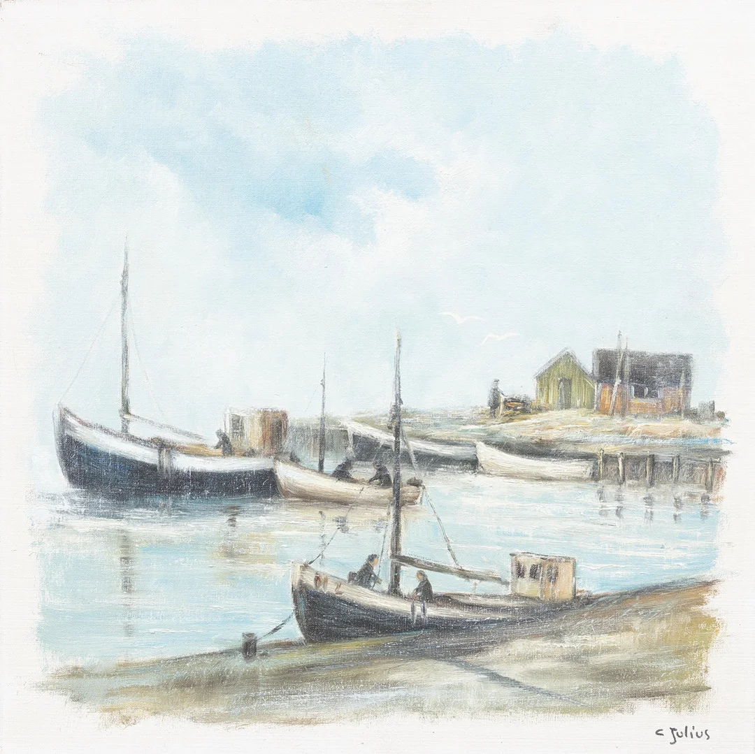 CARL JULIUS. "Vikens hamn", olja på duk, signerad. — Paintings — Garpenhus Auktioner