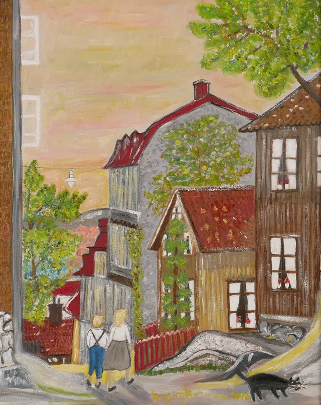 BIRGITTA BOHMAN. "Hobergs trappor Skepparegatan 5", Göteborgsmotiv, olja på duk, signerad 2016.