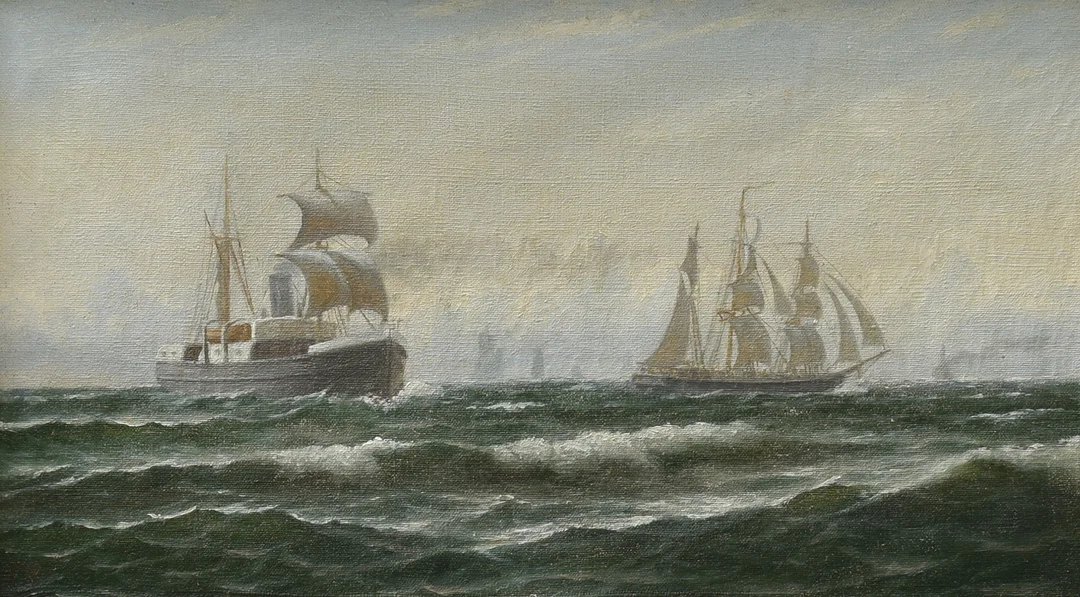 CHRISTIAN RASMUSSEN. TILSKREVET. Olie på lærred. Skibe uden for Kronborg slot. Signeret CR. — Paintings — Sørensen Auktioner