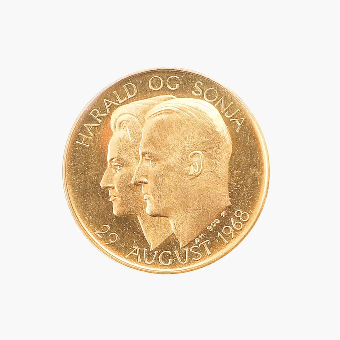 JUBILEUMSMYNT, "Harald og Sonja" 21,6k guld, Norge, 1968. — Coins & Banknotes — Göteborgs Auktionsverk