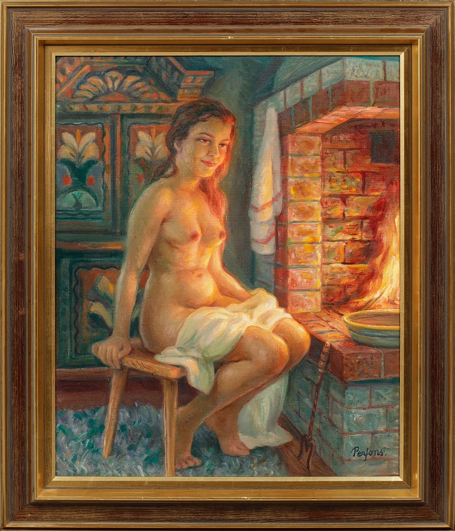 PER-HILDING PERJONS. Modell vid brasa, olja på duk, signerad. — Paintings — Göteborgs Auktionsverk