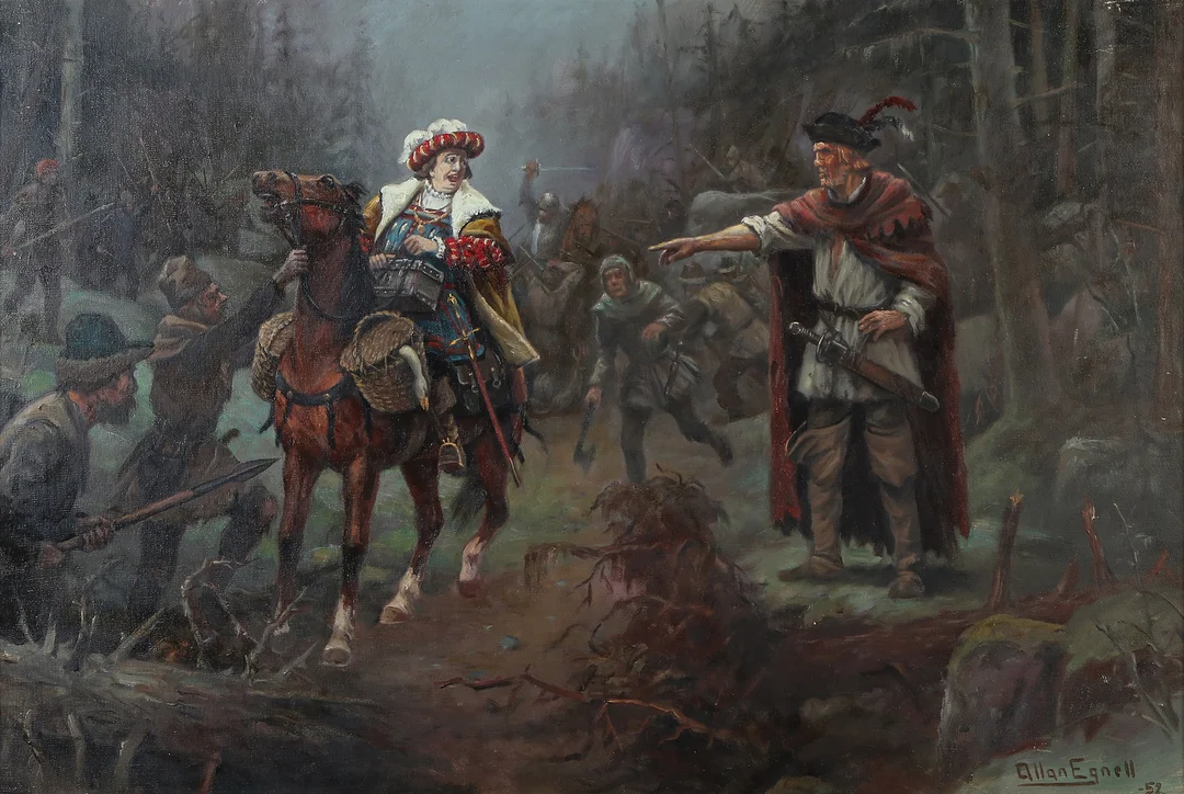 ALLAN EGNELL. Oljemålning på duk. "Nils Dacke tar en fogde till fånge". Signerad och daterad -59. — Paintings — Skånes Auktionsverk