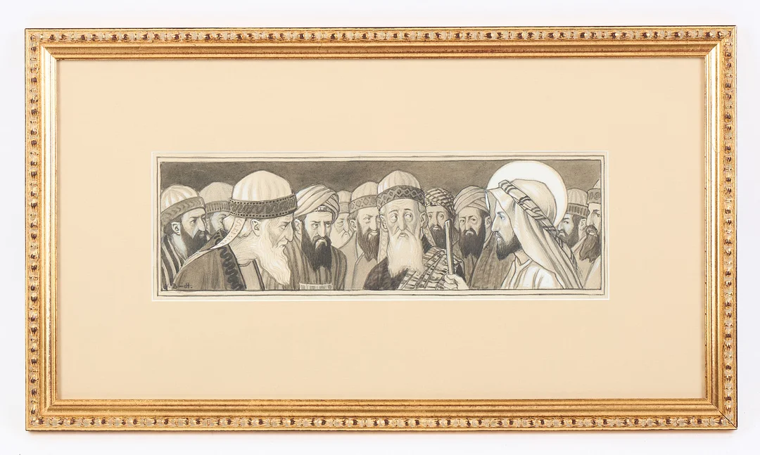 VÄINÖ BLOMSTEDT. Jesus med sina lärjungar, signerad, blandteknik. — Paintings — Stockholms Auktionsverk Helsinki