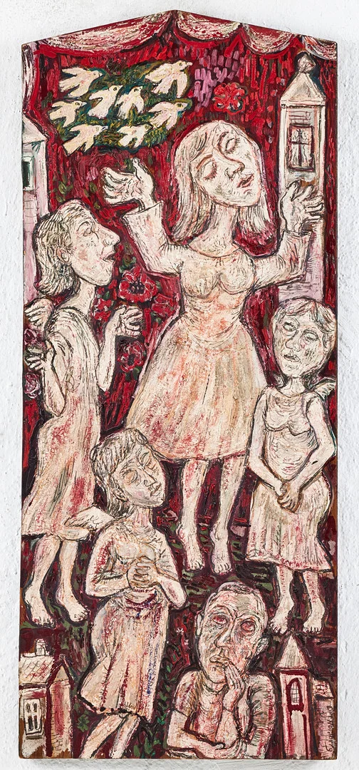 OLLE NORDBERG (1905-1986). Motiv av kvinna, änglar och tänkande man, olja på pannå. — Paintings — Stockholms Auktionsverk Magasin 5