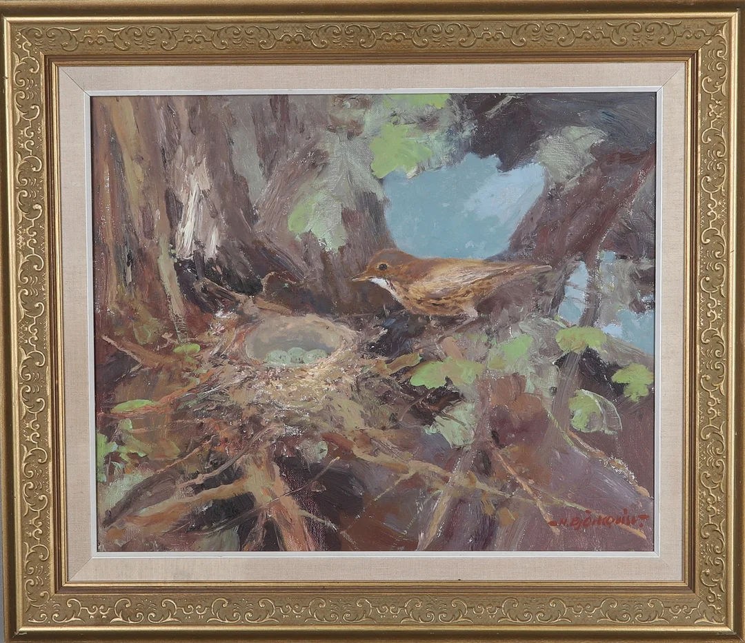NILS BJÖRKQVIST. Olja på duk, "Sångtrast", signerad och daterad -1964. — Paintings — Gomér & Andersson Norrköping