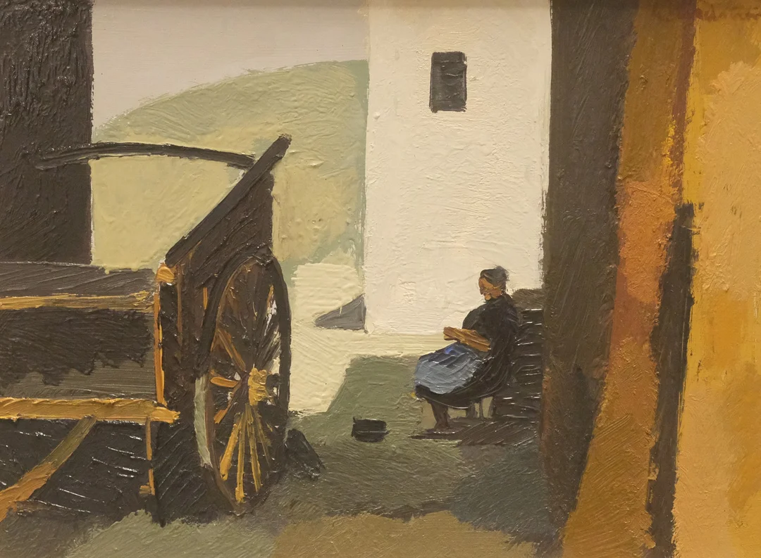 GERHARD NORDSTRÖM. GÅRDSMOTIV MED VAGN OCH KVINNA, OLJA PÅ PANNÅ. — Paintings — Björnssons Auktionskammare