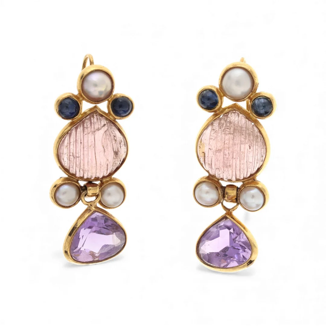 Gold and gemstones long earrings. — Earrings — Balclis
