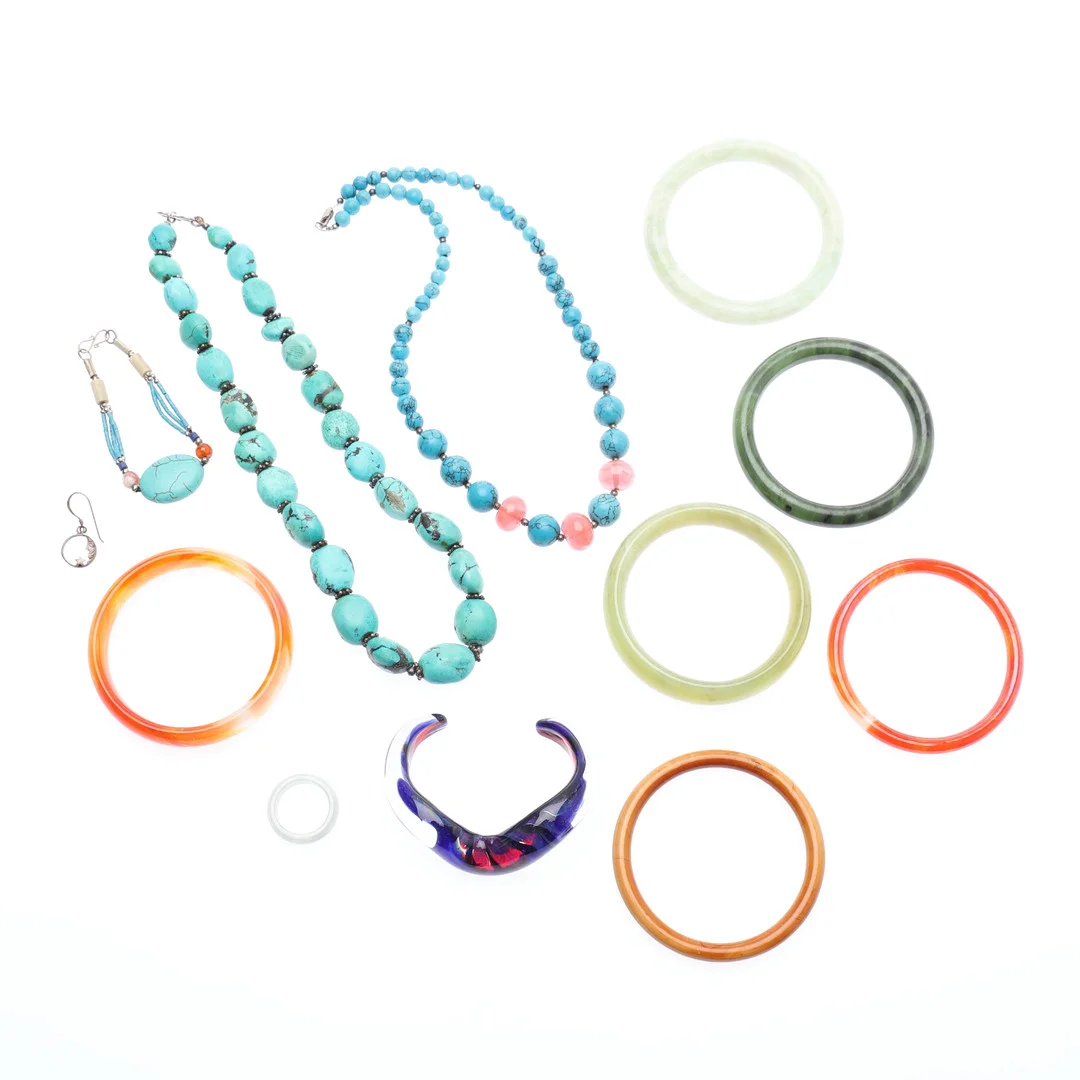 TWO TURQUOISE NECKLACES, A SIMILAR SMALL BRACELET, SIX BANGLES INCLUDING JADE (A LOT). — Gemstones — Young's Auctions