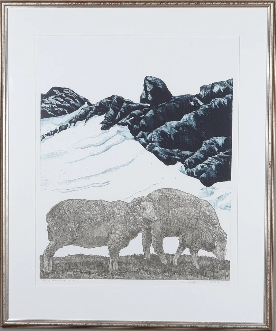SVENERIK JAKOBSSON. "Vid fjällets fot", litografi, signerad, numrerad 97/160 och daterad 1985. — Engravings & Prints — Gomér & Andersson Norrköping