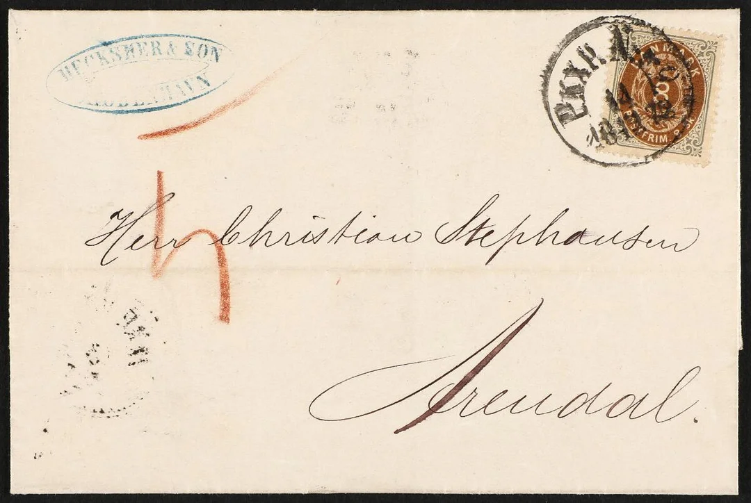 1871. 8 Skilling, grey/brown. Single on very fine cover from Copenhagen to Arendal, NORWAY. Canc. with SWEDISH canc. PKXP. Nr. 2 14.12.1872 — Stamps, Covers & Postal History/Denmark/1870-udgave — Bruun Rasmussen