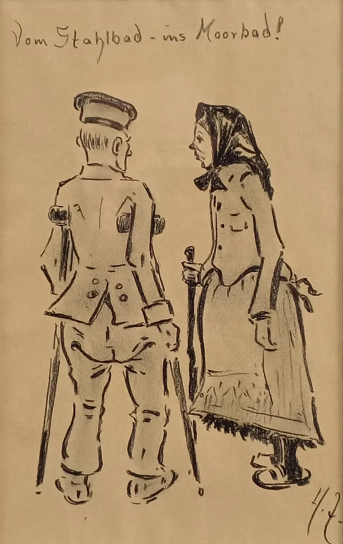 ZILLE, HEINRICH. ZUGESCHRIEBEN. "Vom Stahlbad - ins Moorbad!", Kohle auf braunem Papier. — Drawings — Auktionshaus Blank