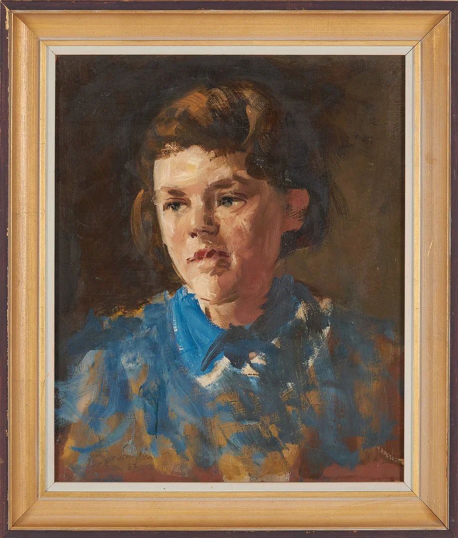 AKKE KUMLIN (1884-1949). Porträtt, olja på pannå, signerad, daterad -37. — Paintings — Stockholms Auktionsverk Sickla