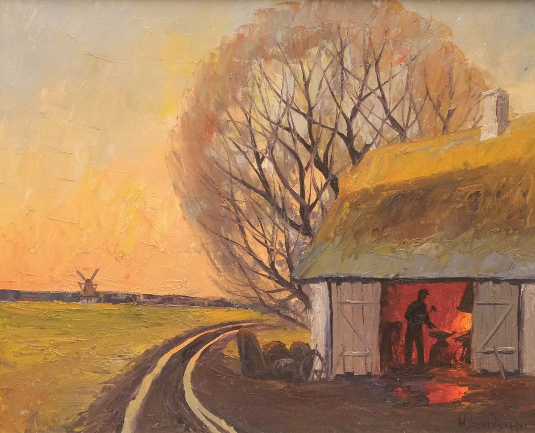 NILS LUNDSTRÖM. SKÅNSKT LANDSKAP OCH SMEDJA, OLJA PÅ DUK. — Paintings — Björnssons Auktionskammare