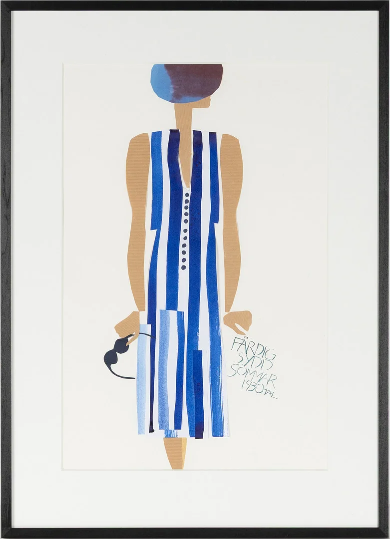 TONIE LEWENHAUPT (FÖDD 1937). "Färdigsydd sommar 1930-tal", collage, signerad och daterad a tergo 2024. Färdigsydda sommarplagg, redo för 1930-talets nya semesterveckor, passade även för camping Ehrling Richard passade på med etiketten Camp-Ahla,vilket stod för Ahlafors textilindustri. — Other — Stockholms Auktionsverk Helsingborg
