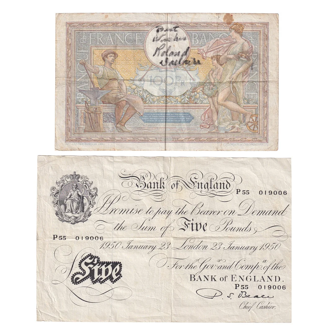 A BANK OF ENGLAND FIVE POUND NOTE AND A BANQUE DE FRANCE CENT FRANC BANKNOTE (2). — Coins & Banknotes — Bishop & Miller
