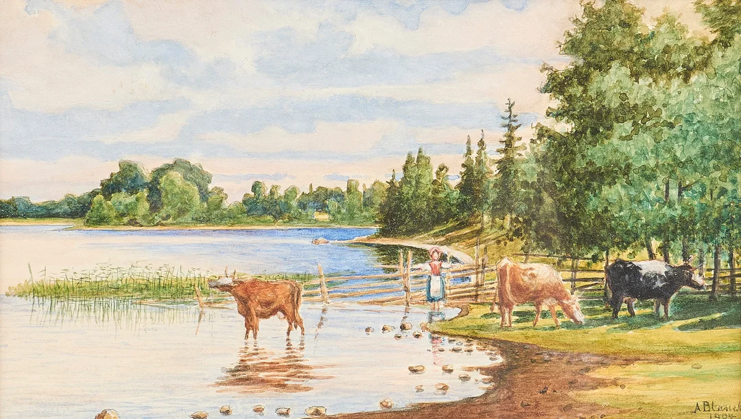 OIDENTIFIERAD KONSTNÄR. AKVARELL, signerad A. Blanck, daterad 1904, kor vid vattenbryn. — Paintings — Metropol Auktioner